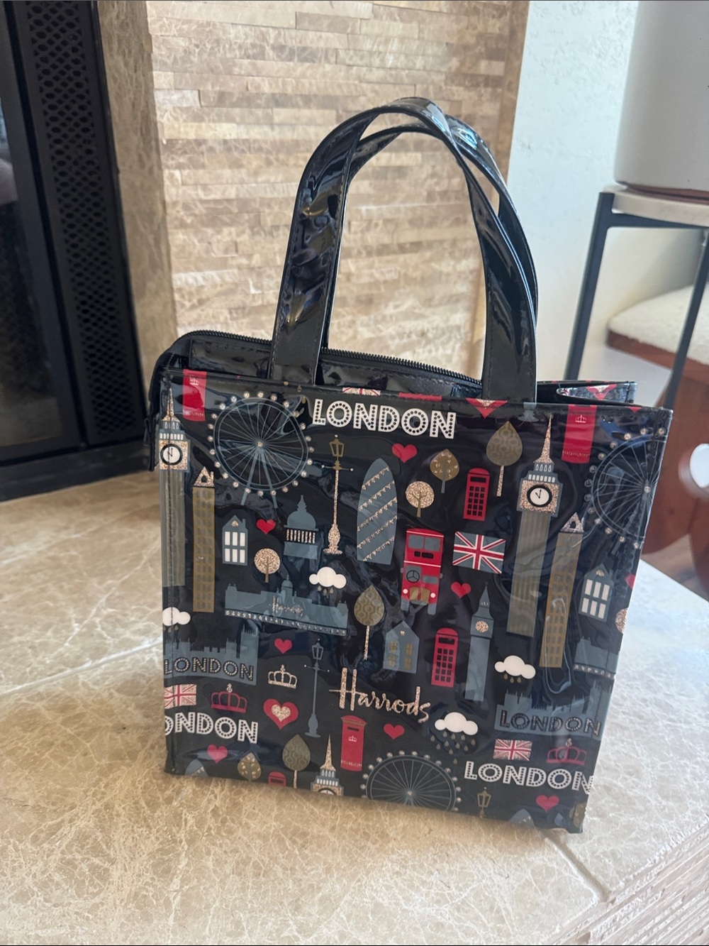 Harrods Black Vinyl Tote with Red and Gold London Motif